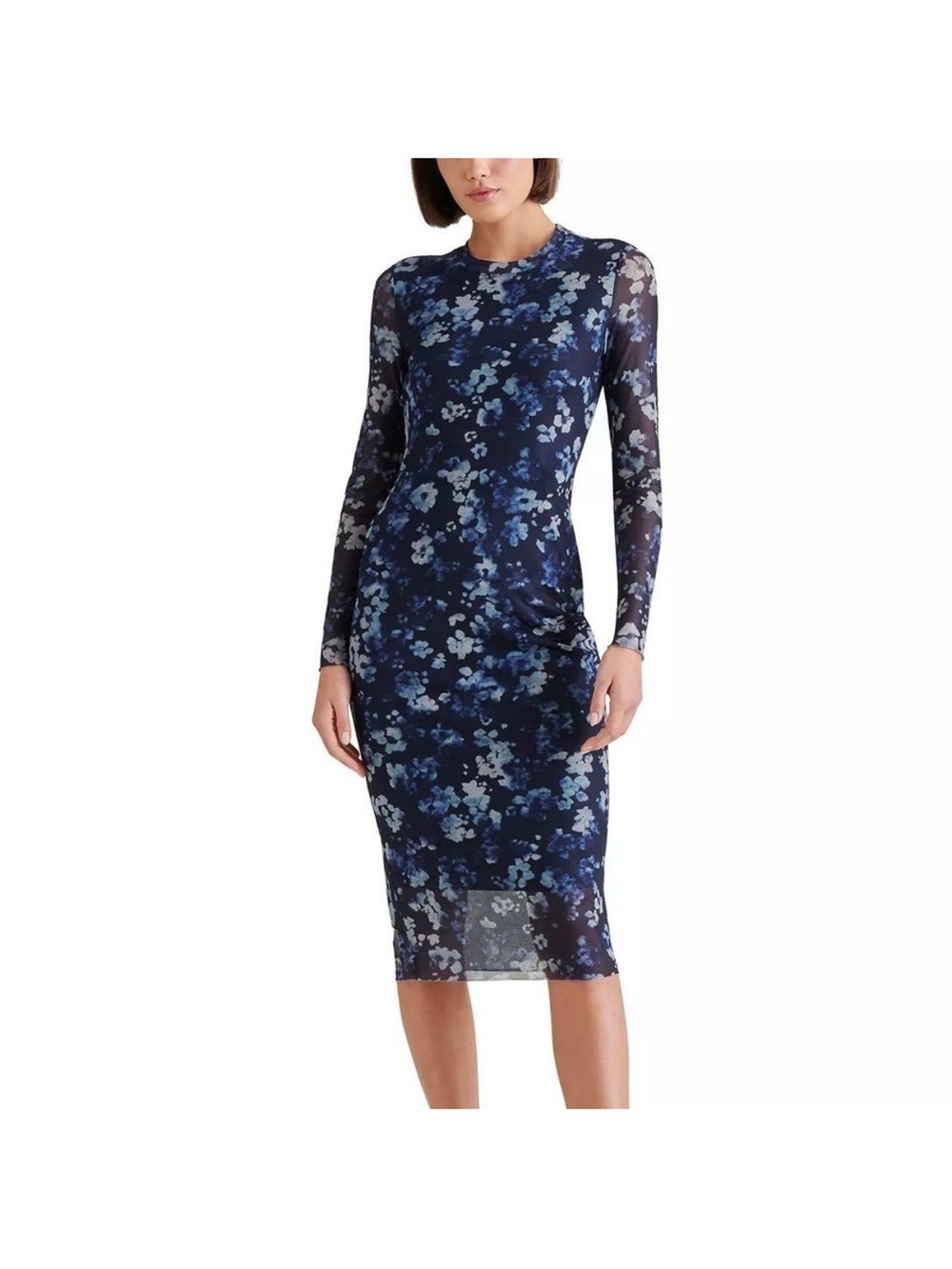 Steve Madden Navy Floral Long-Sleeve Mesh Dress